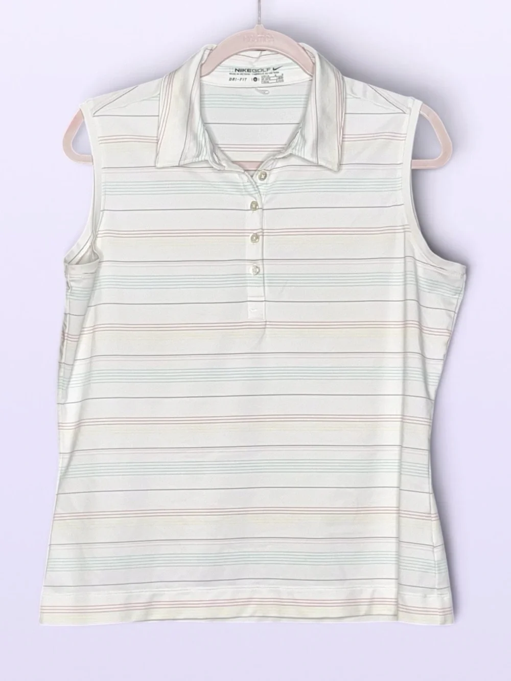 Nike Golf Dri-FIT Women Large Sleeveless Polo White Pastel Striped Stretch Shirt